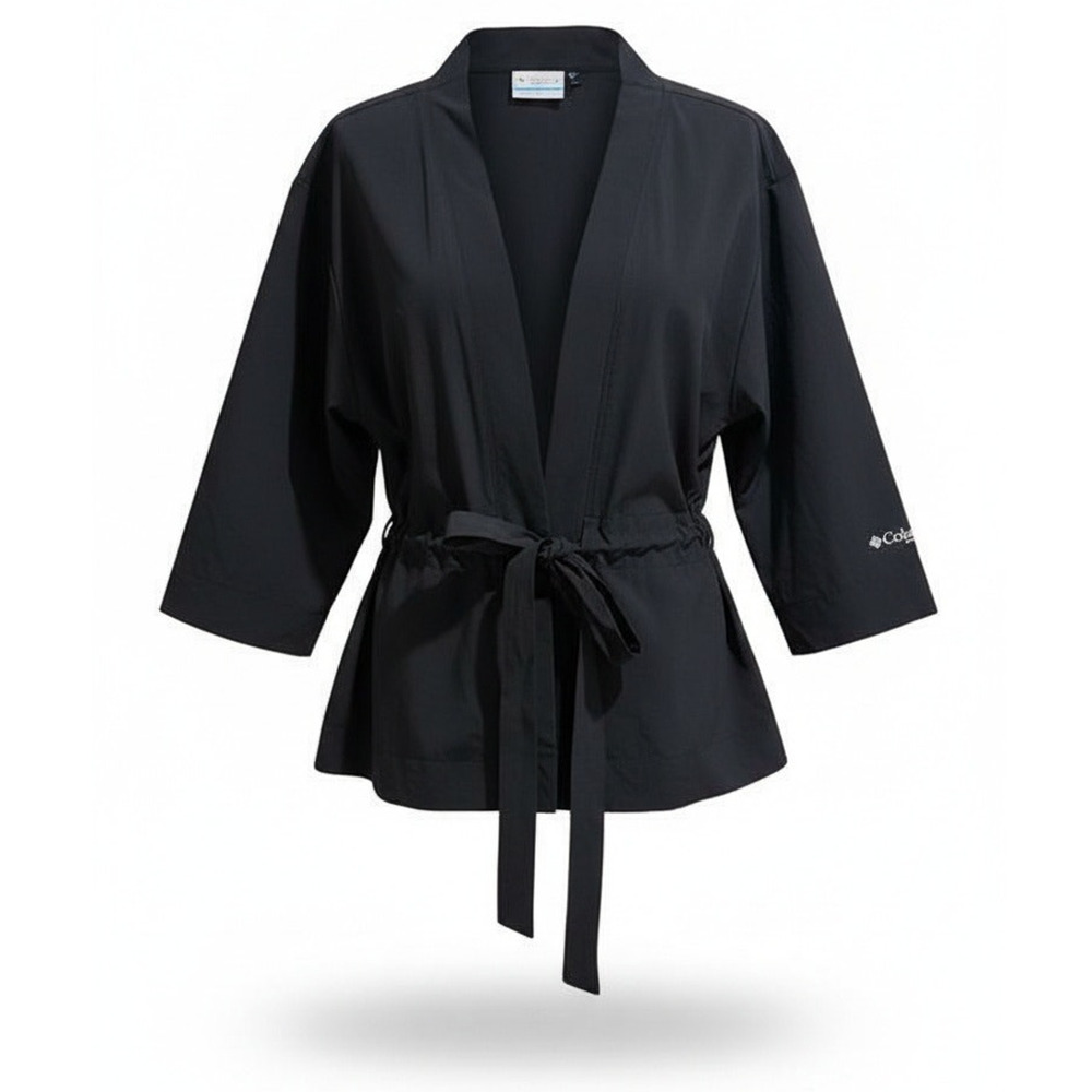 Columbia PFG Jacket Womens Petite Small Black Open Front Wrap Tie Waist 3/4